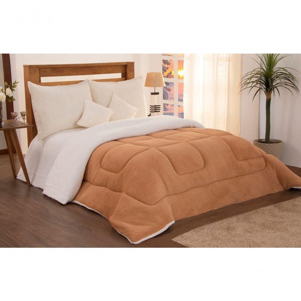 Edredom Coberdrom Solteiro Sherpa Pele De Carneiro C/ Soft Caramelo