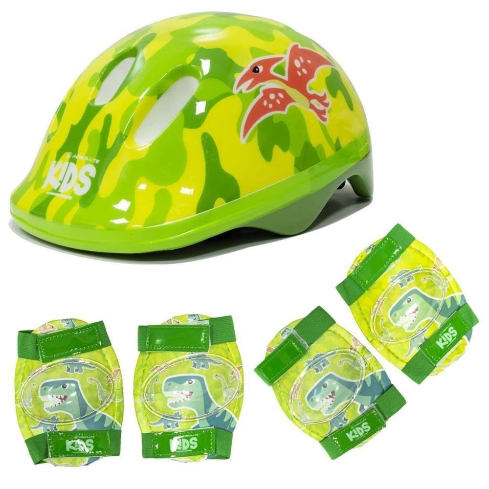 Kit Proteção Infantil Dinossauros Capacete (52-56cm) com Joelheira e Cotoveleira Verde