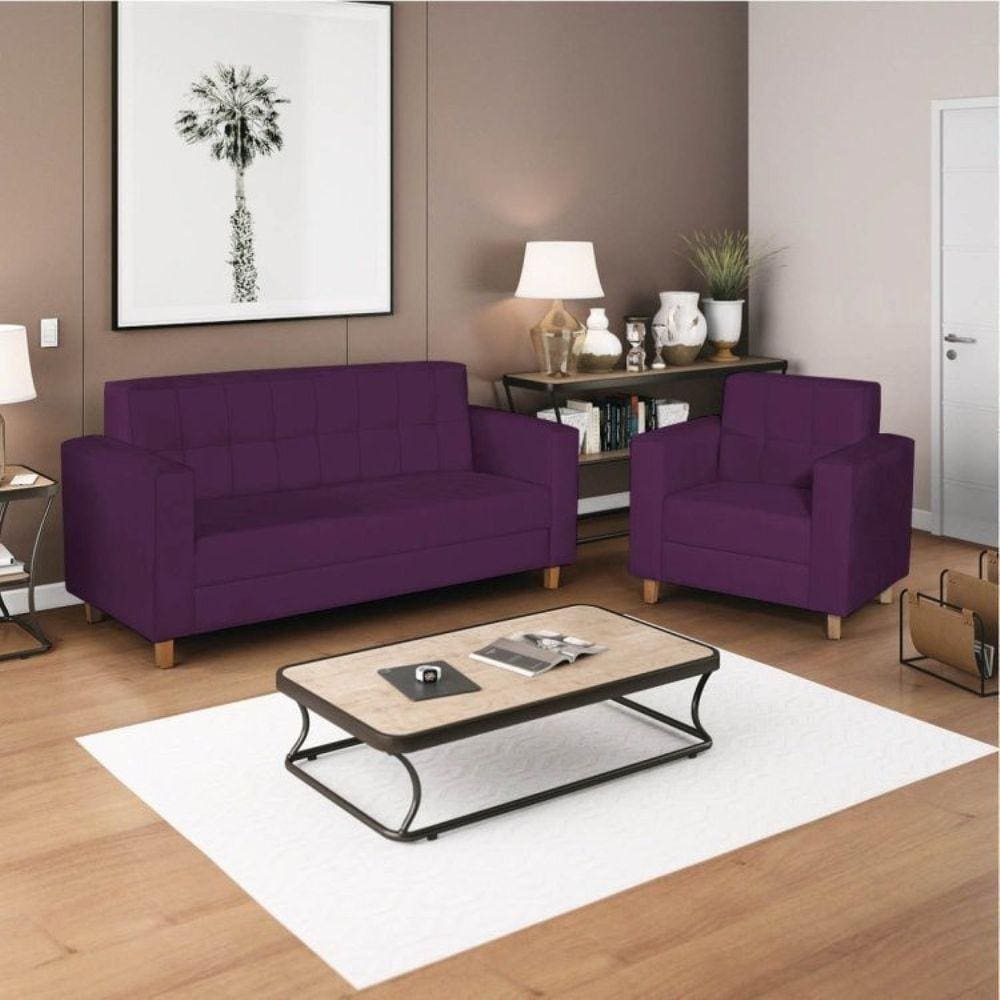 Kit Sofá 180cm e Poltrona em Suede Dallas Roxo