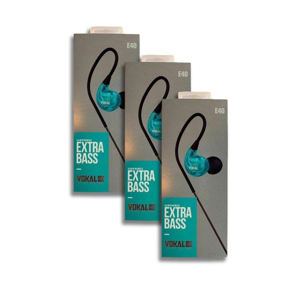 Kit 3 Fones de Ouvido Vokal Para Retorno de Palco E40 Extra Bass - Azul