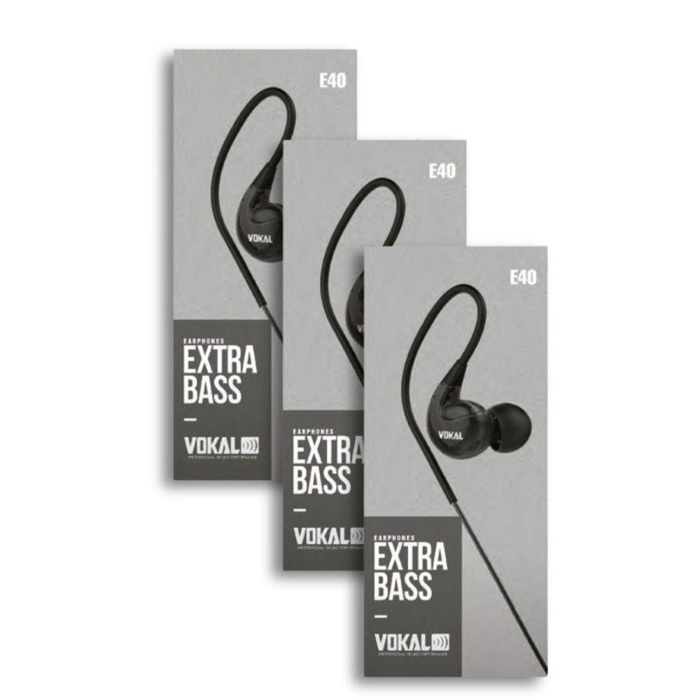 Kit 3 Fones de Ouvido Vokal Para Retorno de Palco E40 Extra Bass - Preto