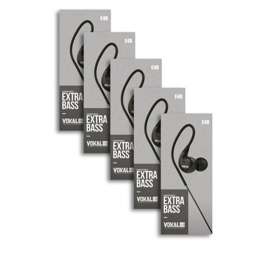 Kit 5 Fones de Ouvido Vokal Para Retorno de Palco E40 Extra Bass - Preto