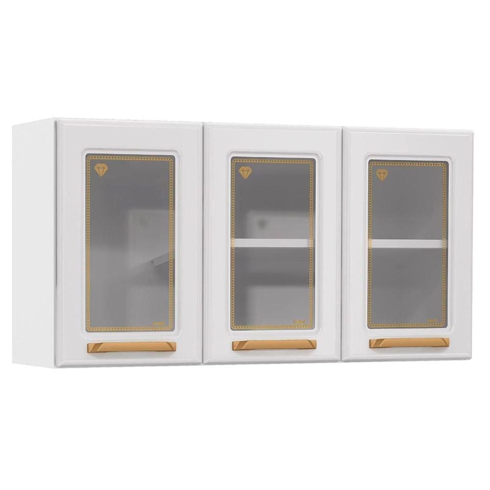 Armário Aéreo Cozinha Modulado Diamante 3 Portas c/ Vidro 105cm Branco - Telasul