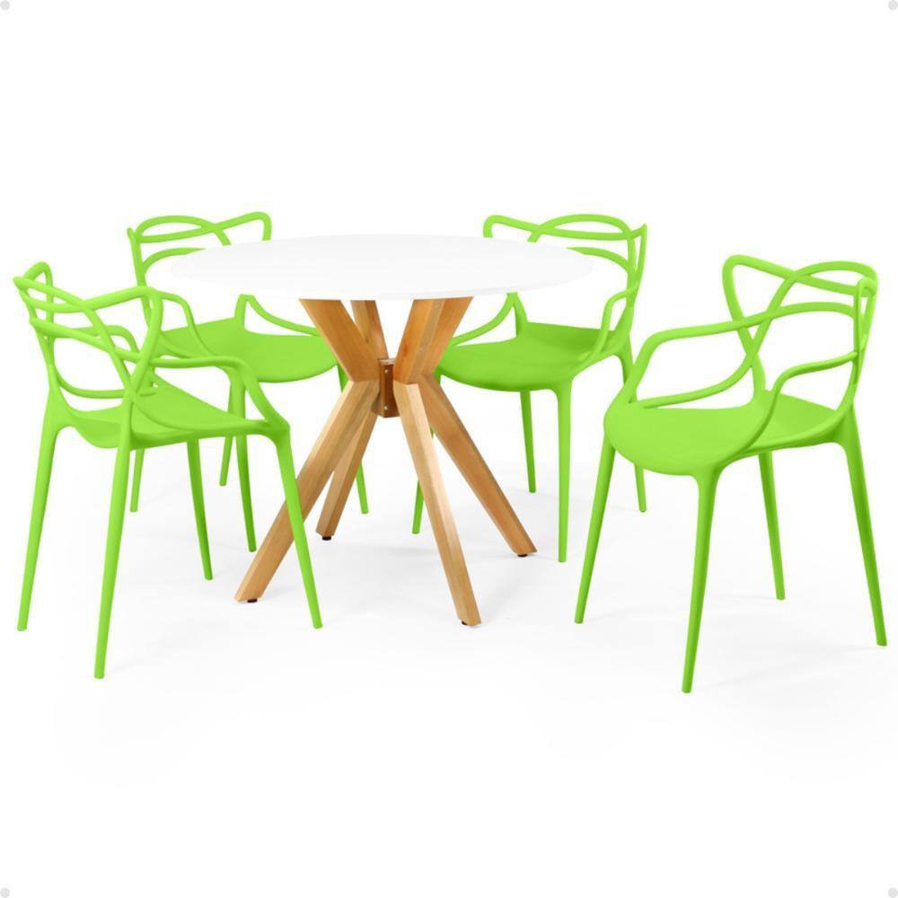 Conjunto Mesa de Jantar Redonda Marci Branca 100cm com 4 Cadeiras Allegra - Verde