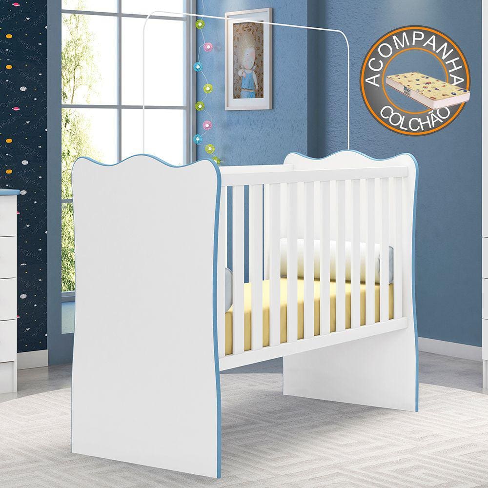 Berço Doce Sonho Branco Azul Qmovi + Colchão Gazin