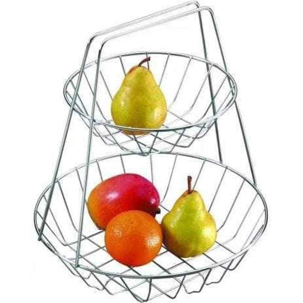 Fruteira 2 Andares Metal Cromado - Fruteira de Mesa Dupla Pêra - Estilosa Cromada Design Dois Andares - Aramado - PANAMI