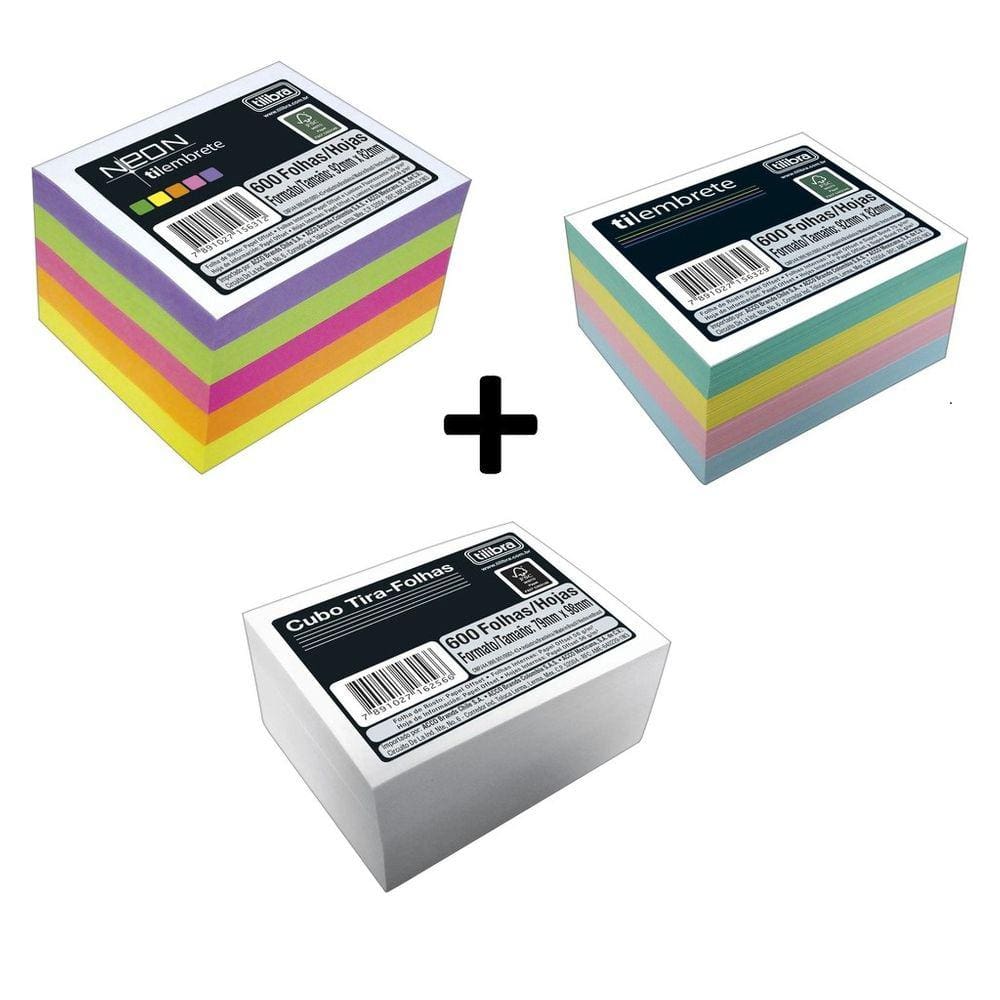 Kit 03 Blocos de Notas Tilembrete 600 Folhas Cada Neon Pastel Cubo Branco Tilibra