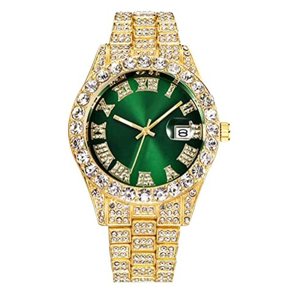 Relógio Masculino de Cristal com Numerais Romanos em Quartzo - Bling Pulseira (Dourado Verde)