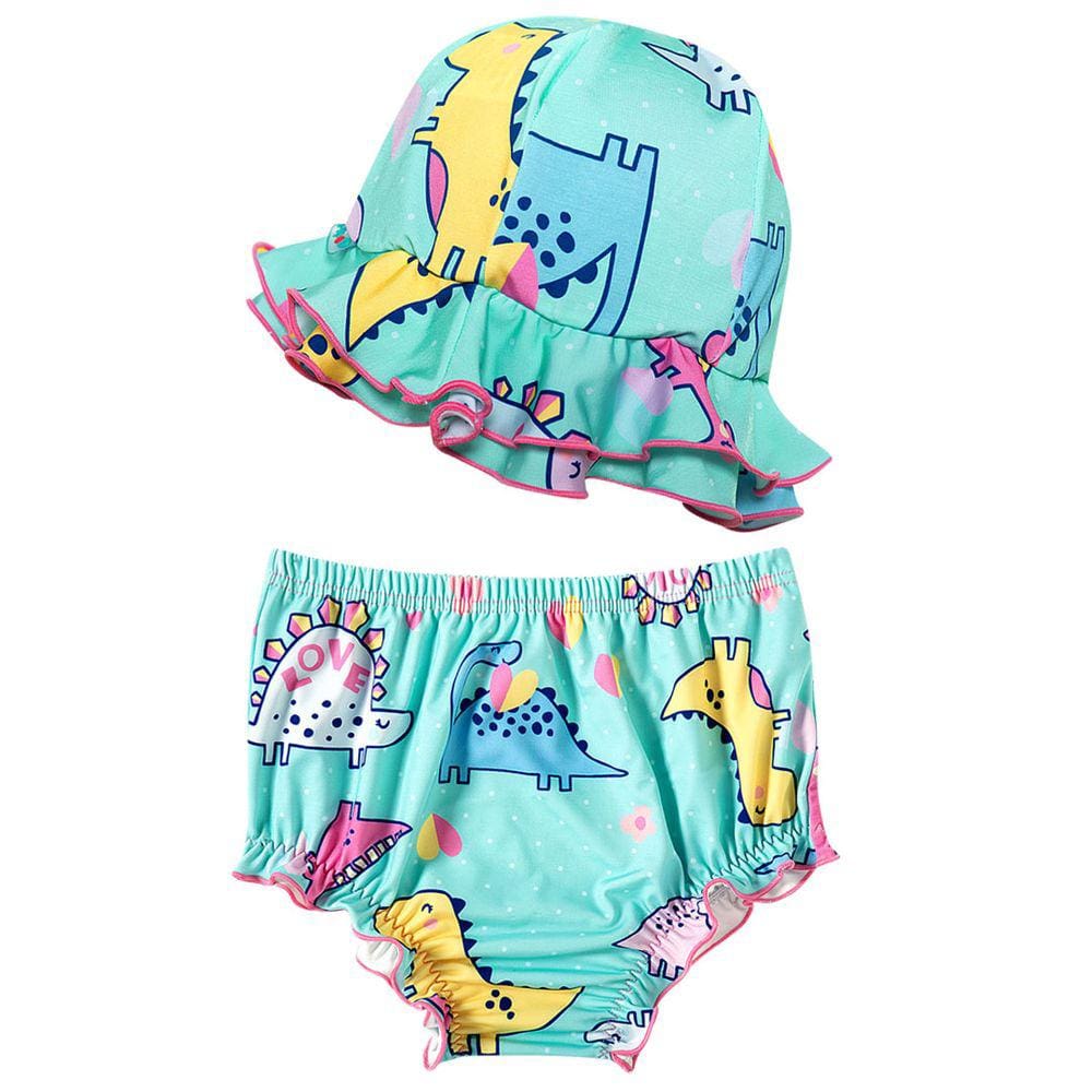 Conjunto Praia Infantil Biquíni com Chapéu Dino Love Verde Água Tip Top
