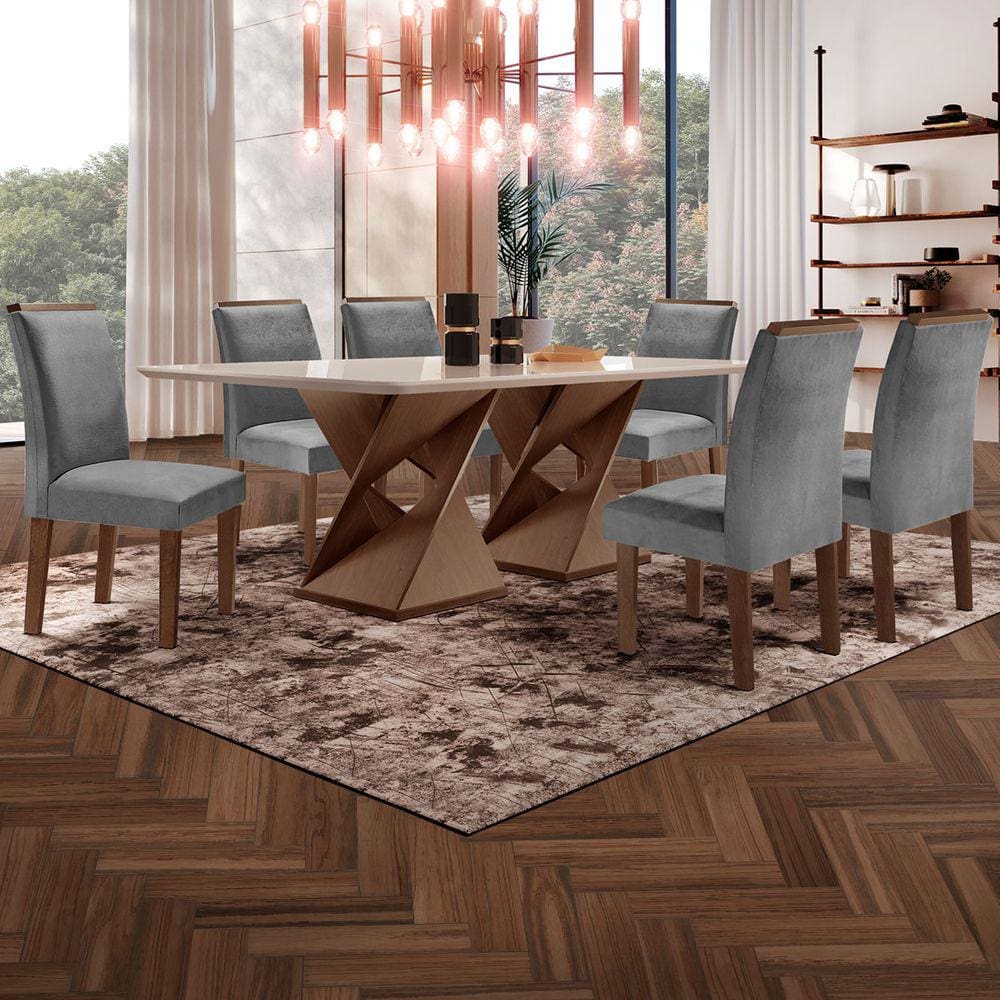 Mesa de Jantar 6 Lugares Genova/Luísa com Vidro Chocolate/Off White/Cinza - Cel Móveis