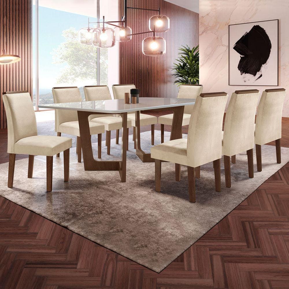Mesa de Jantar 8 Lugares Nápoles/Luísa com Vidro Chocolate/Off White/Bege - Cel Móveis