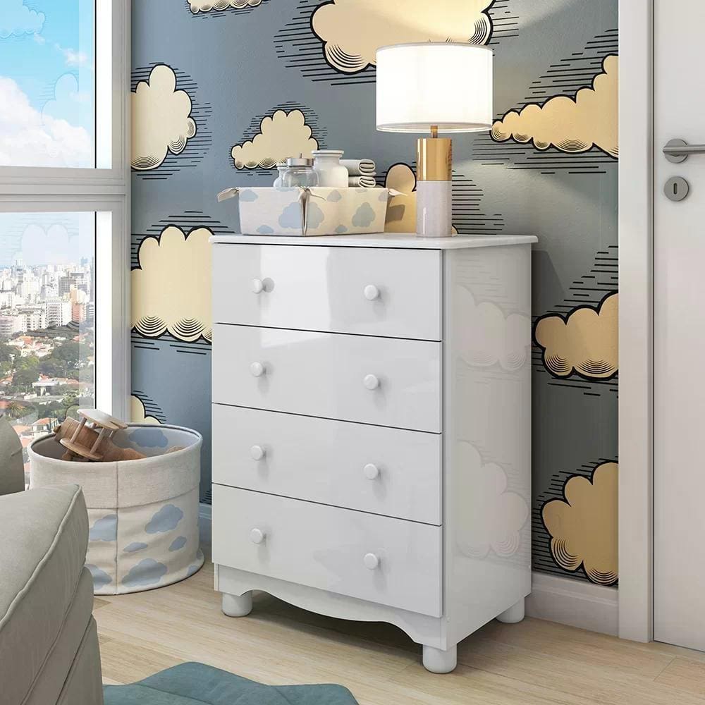 Cômoda Infantil 4 Gavetas 100% MDF Mimo Espresso Móveis Branco Brilho