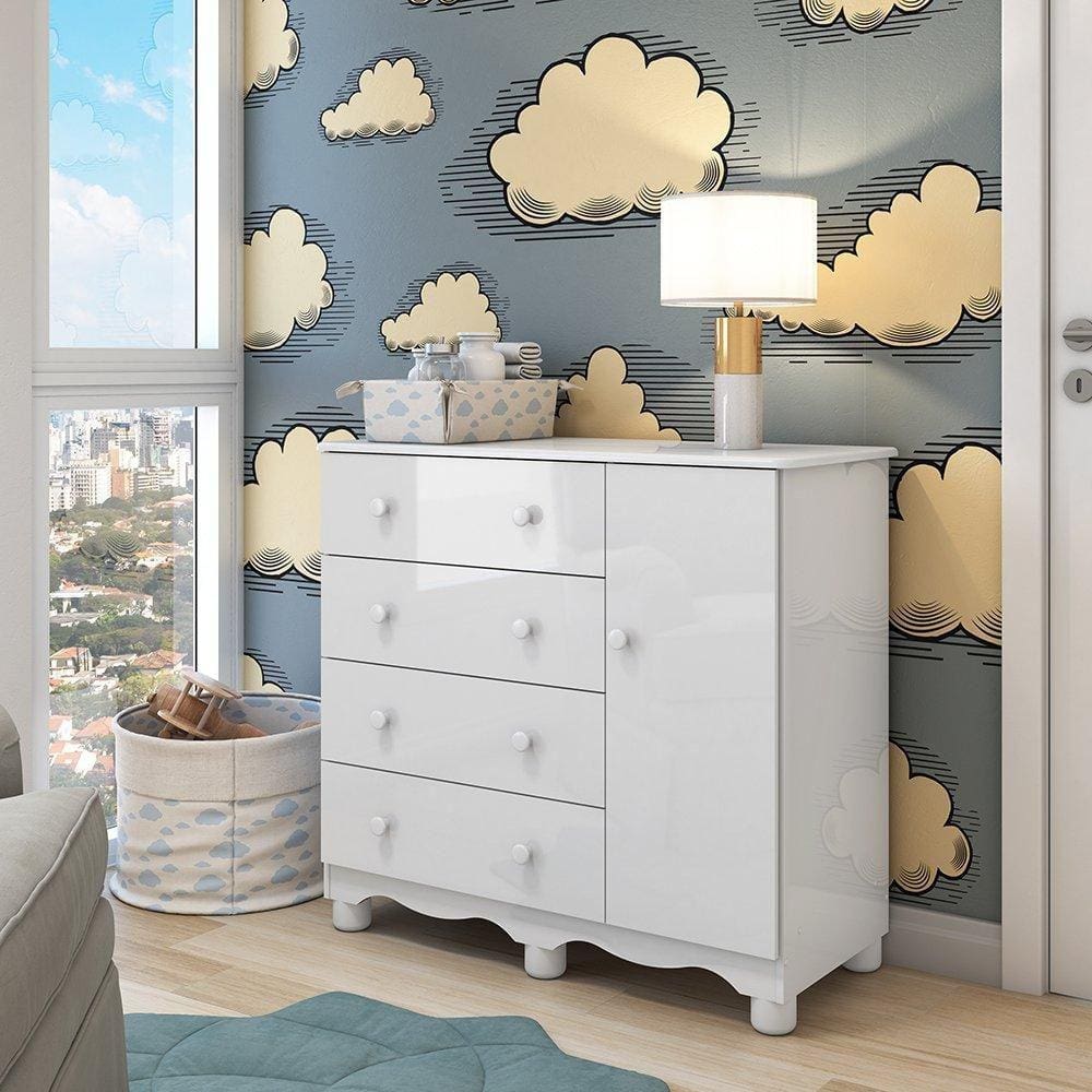 Cômoda Infantil 1 Porta 4 Gavetas 100% MDF Mimo Branco Brilho
