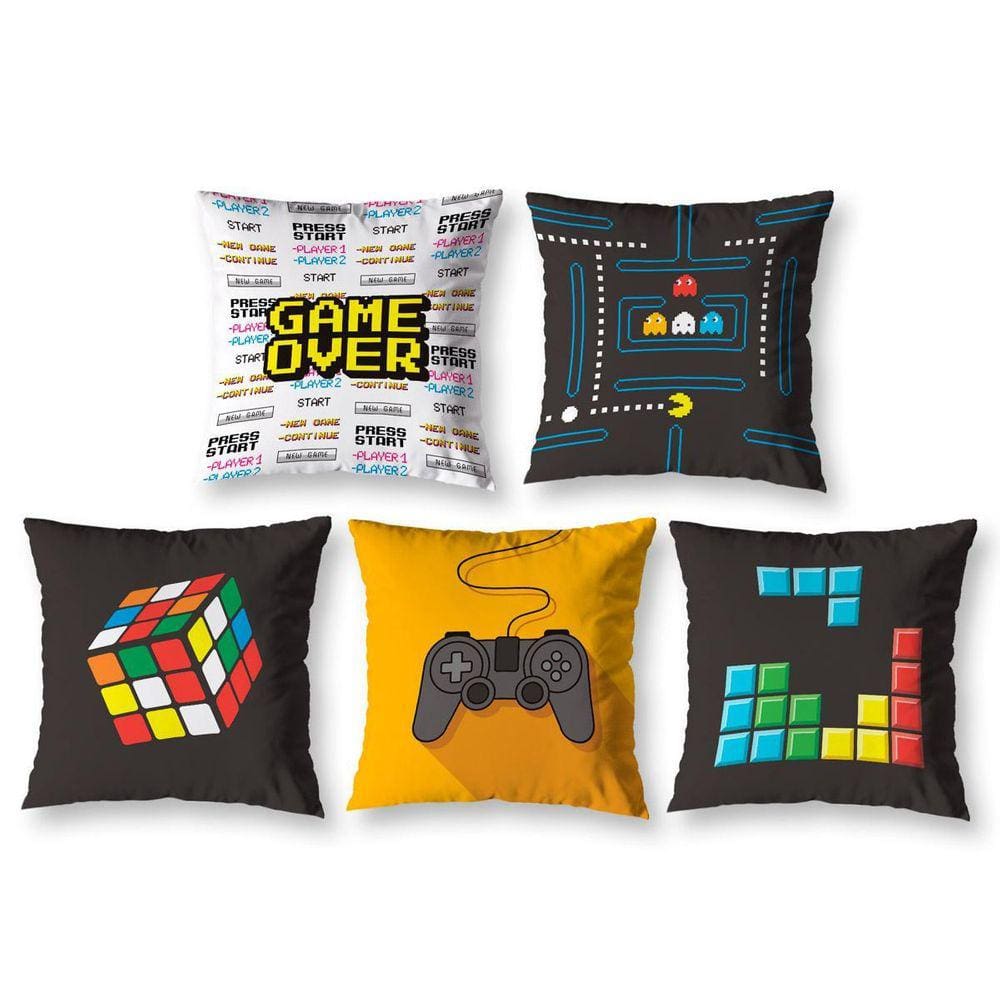 Kit 5 Almofadas Cheias Estampadas Infantil 40X40 Zíper Game
