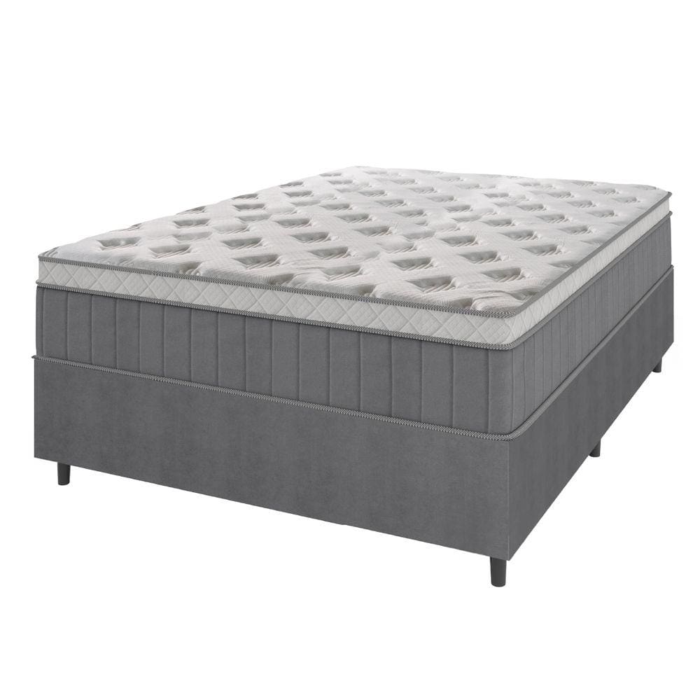 Cama Box Casal Colchão Molas Ensacadas Ômega 138x188x70cm Cinza / Branco Hellen - Suporta até 110kg por Pessoa
