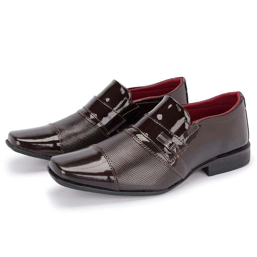 Sapato Social Masculino Envernizado Sem Cadarço Com Dupla Textura Bico Cap Toe Quadrdo Formal