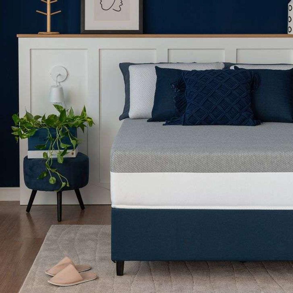 cama box king azul com colchão guldi dream mola ensacada (30x193x203) e 2 travesseiros guldi dream branco e azul