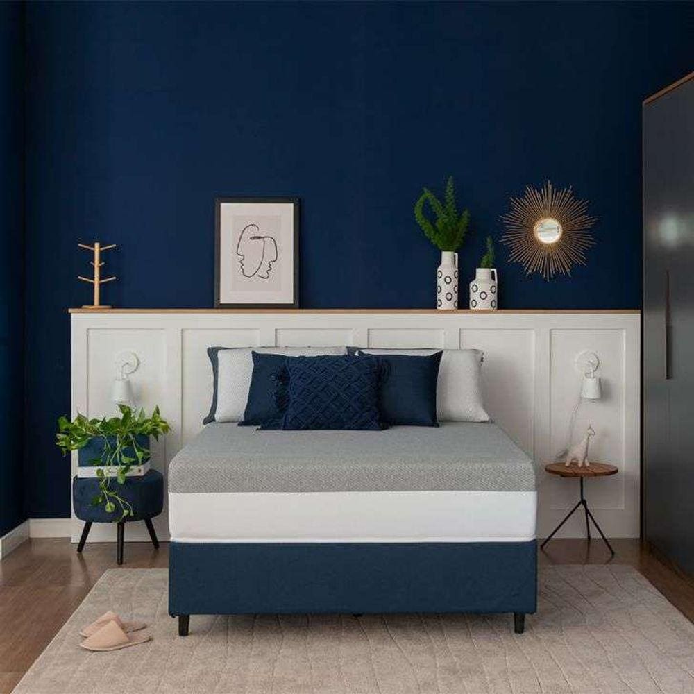 cama box casal azul com colchão guldi dream mola ensacada (30x138x188) cinza e branco