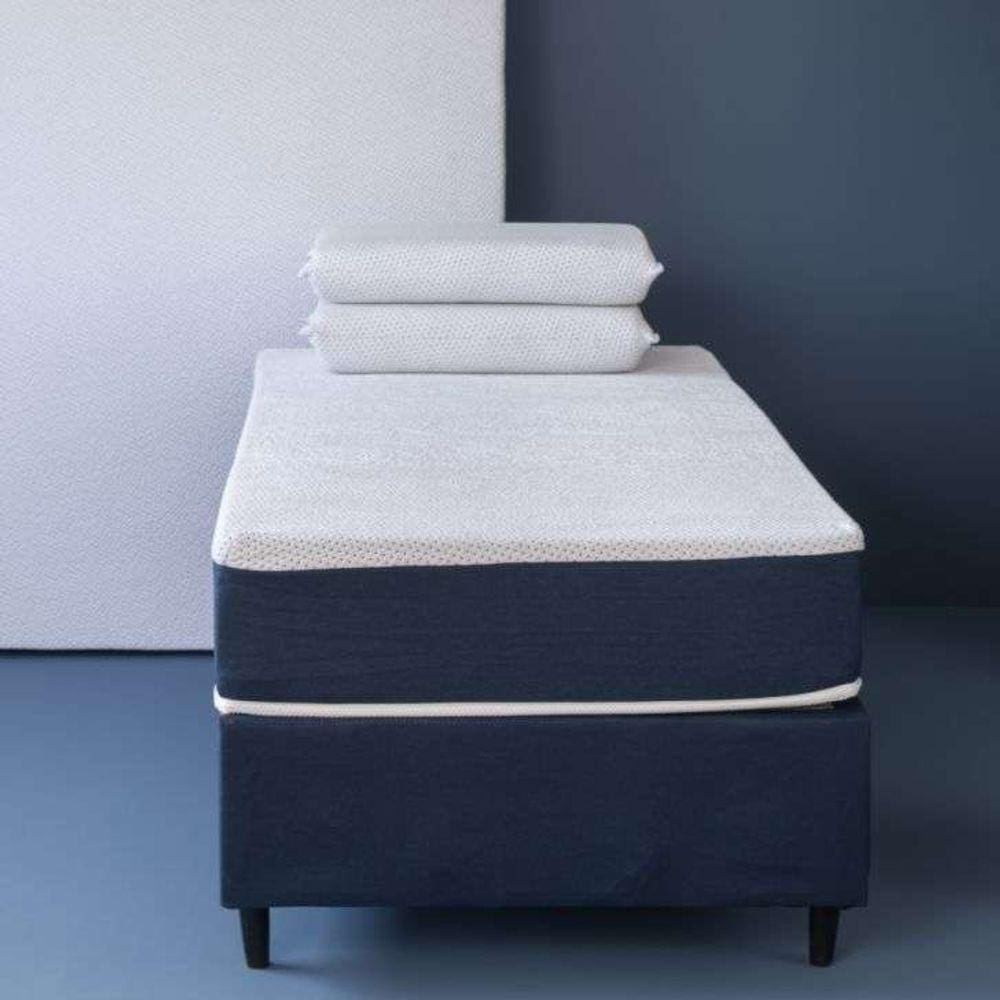 cama box solteiro king azul com colchão guldi dream mola ensacada (30x96x203) e 1 travesseiro guldi dream branco e azul