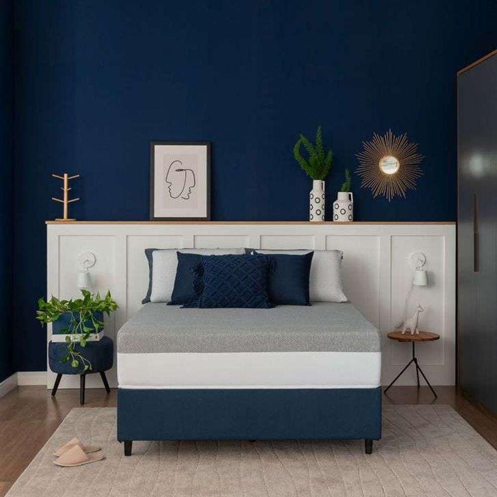 cama box casal com guarda objetos azul com colchão guldi dream mola ensacada (30x138x188) cinza e branco