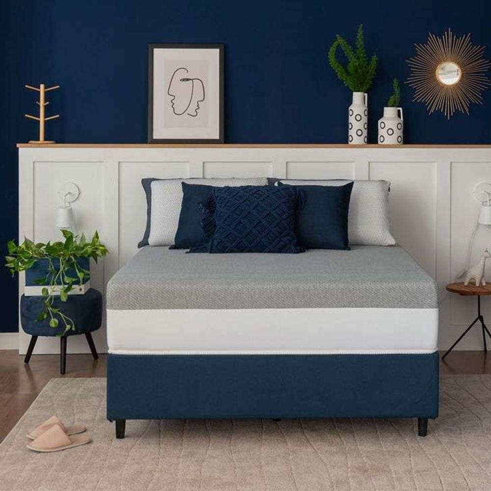 cama box king com guarda objetos azul com colchão guldi dream mola ensacada (30x193x203) cinza e branco