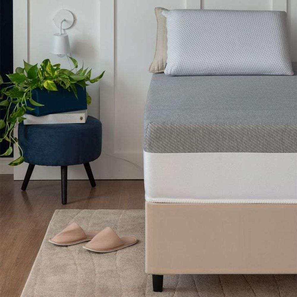cama box solteiro king bege com colchão guldi dream mola ensacada (30x96x203) e 1 travesseiro guldi dream branco e azul