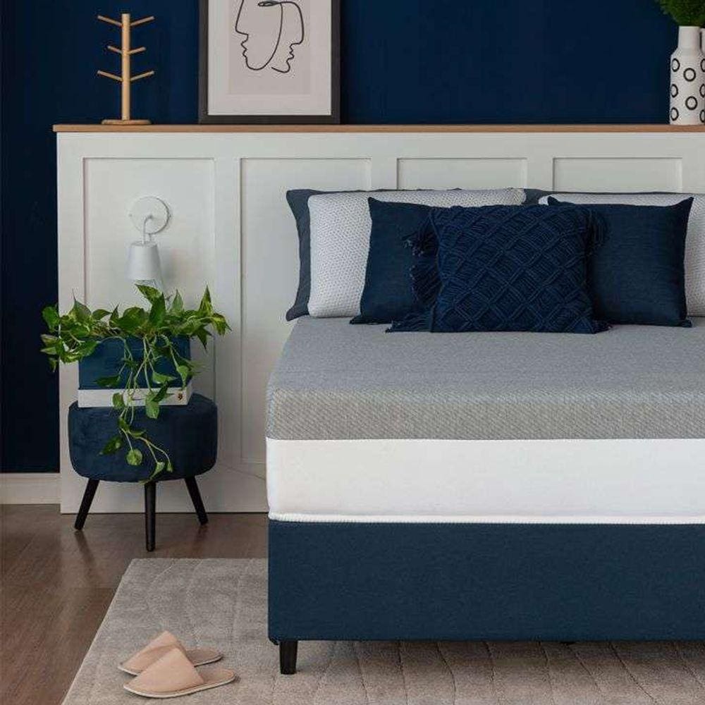 cama box queen azul com colchão guldi dream mola ensacada (30x158x198) e 2 travesseiros guldi dream branco e azul