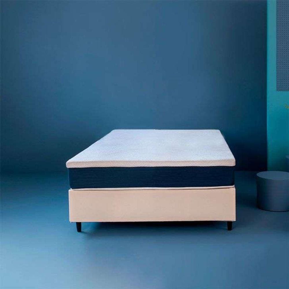 cama box viúva bege com colchão guldi dream mola ensacada (30x128x188) e 2 travesseiros guldi dream branco e azul