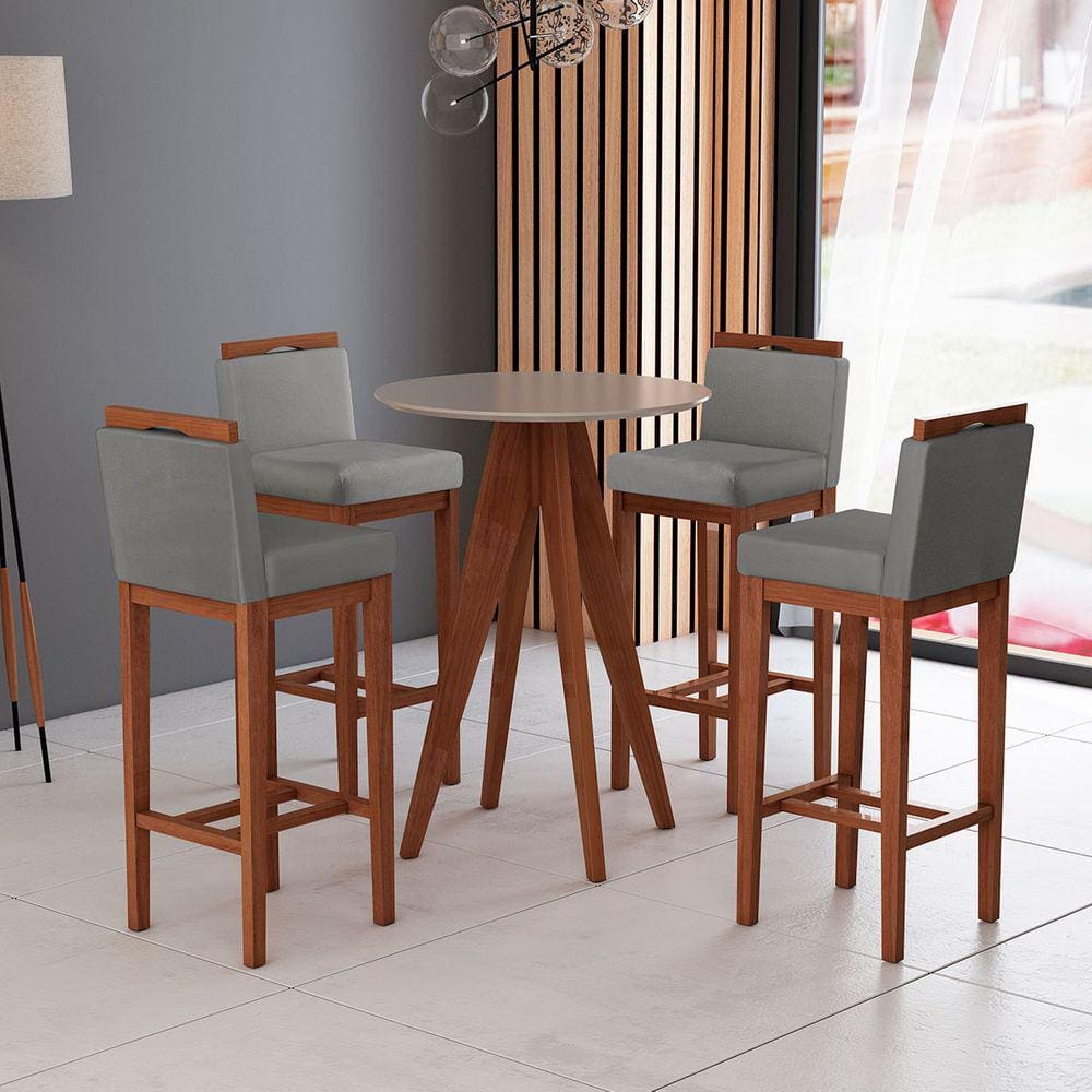Kit Mesa Bar Gourmet com 4 Banquetas Alta Estofadas Madeira Maciça Suede Cinza CCS