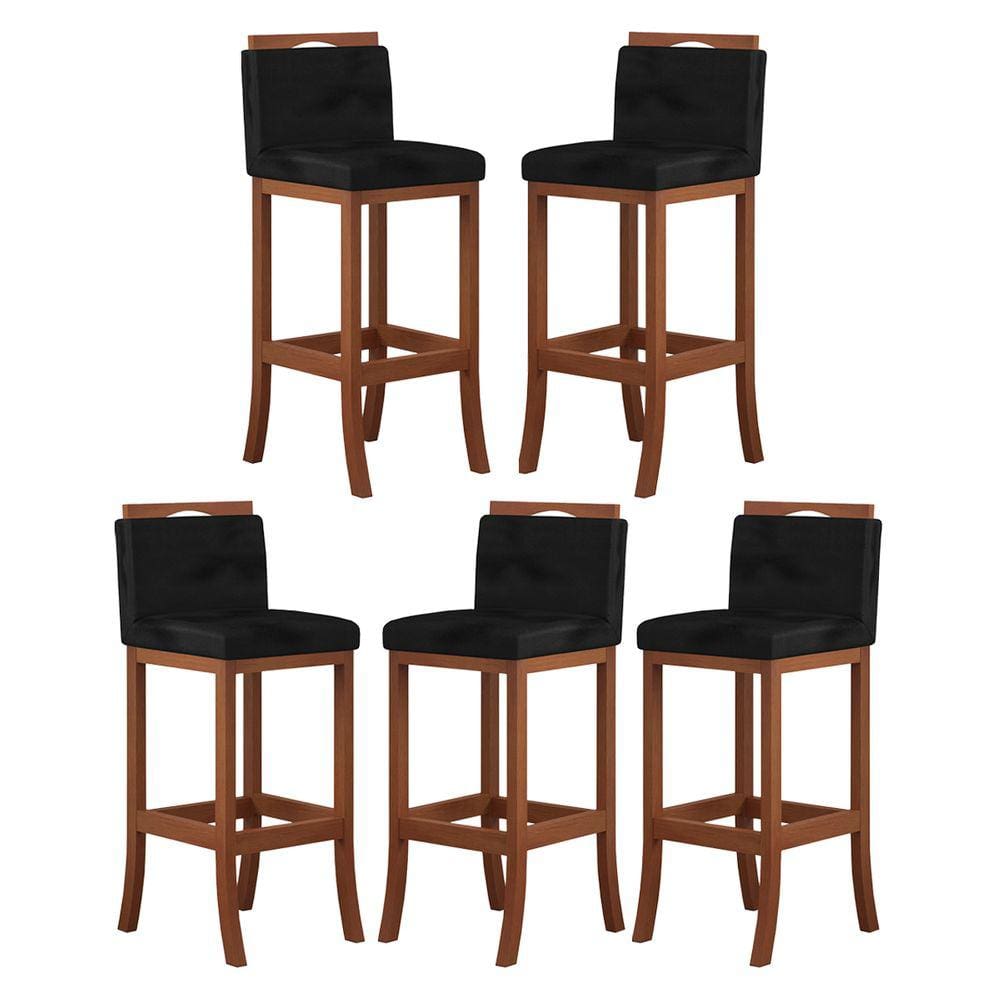 Kit 5 Banquetas Média Encosto Estofado 38x92 Cm Turim Madeira Maciça Castanho Suede Preto CCS