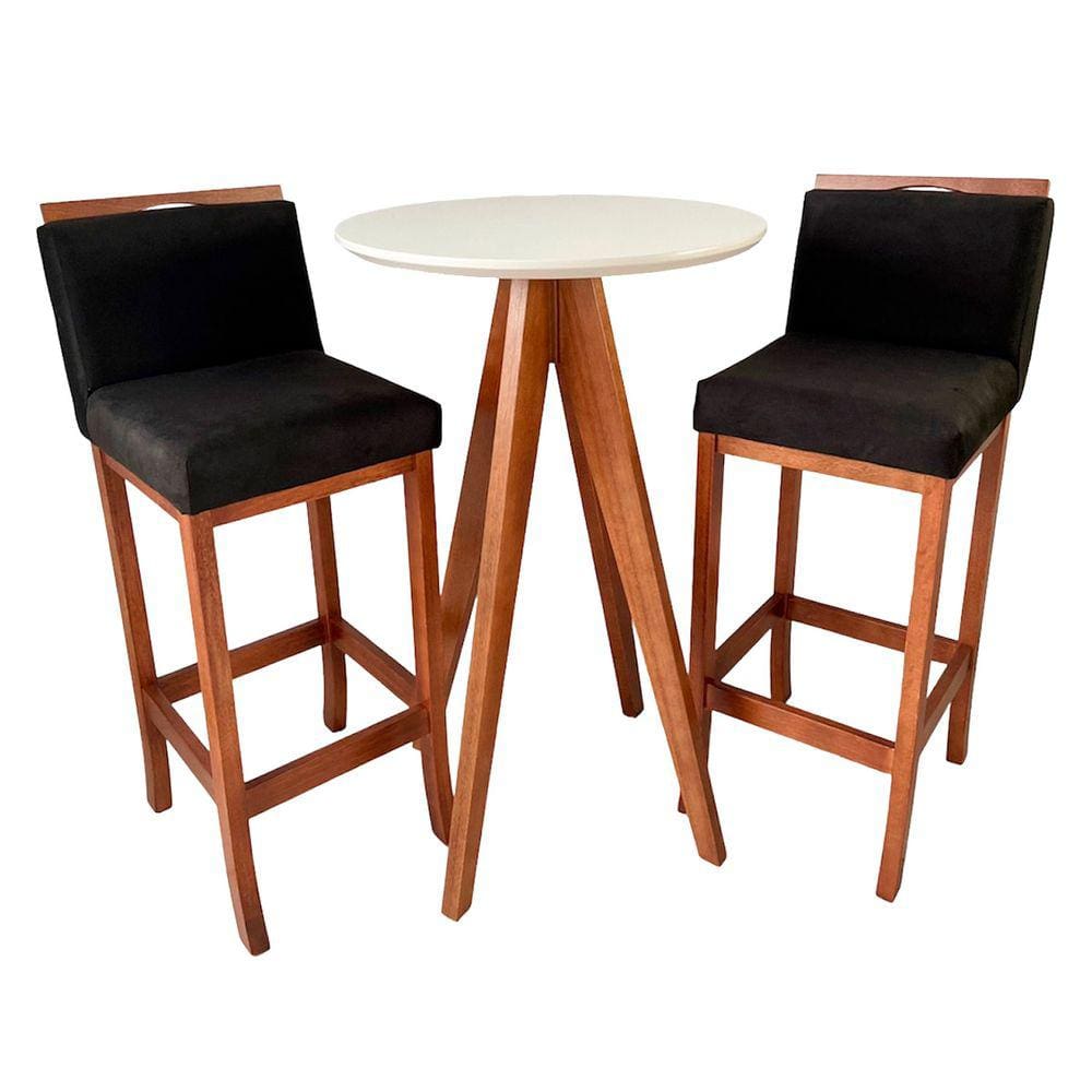 Kit Mesa Bistrô Redonda com 2 Banquetas Alta Madeira Maciça Suede Preto CCS