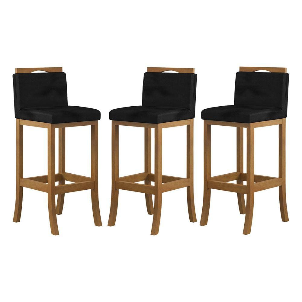 Kit 3 Banquetas Média Encosto Estofado 38x92Cm Ilha Turim Madeira Maciça Amêndoa Suede Preto CCS