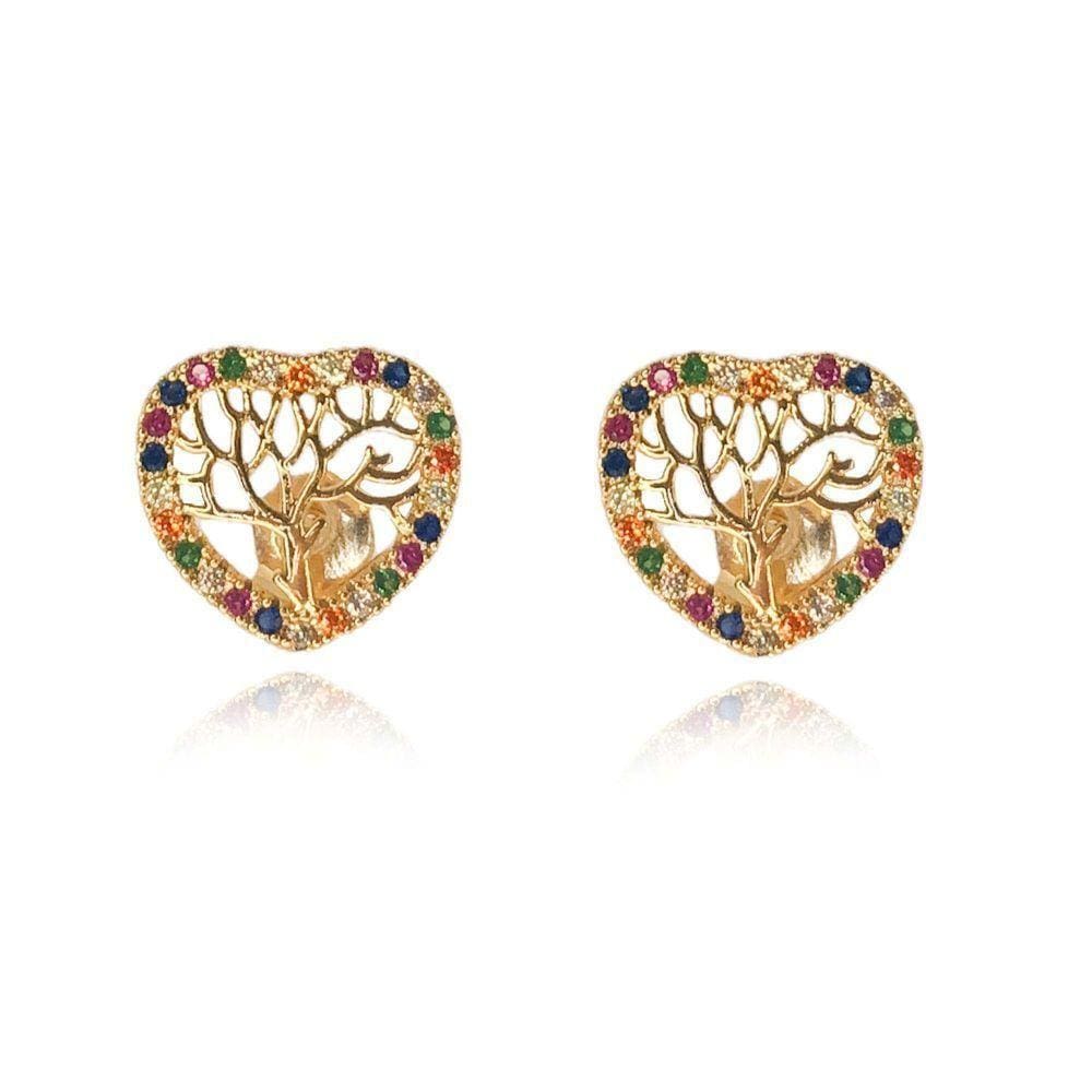 Brinco Coração Com Zirconia Colorida E Árvore Da Vida Folhea