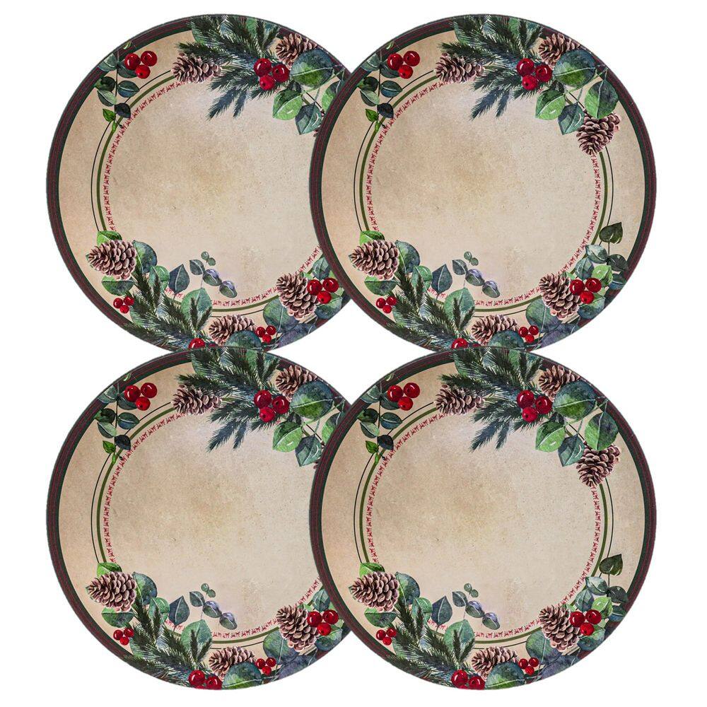 Jogo 4 Sousplat Natal Luxo Decor Estampa Pinhas Folhagens e Berrries 33cm - Magizi
