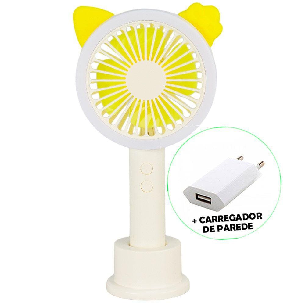 Mini Ventilador Portátil LED USB Recarregável + Adaptador Amarelo CBRN19595