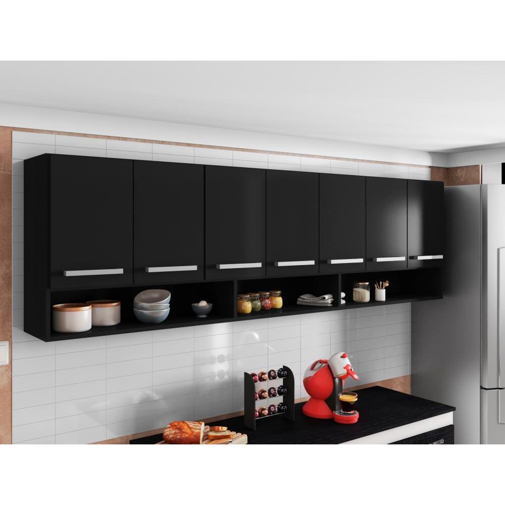Armario Suspenso para Cozinha 7 Portas Preto Luxemburgo Brienza Movelaria