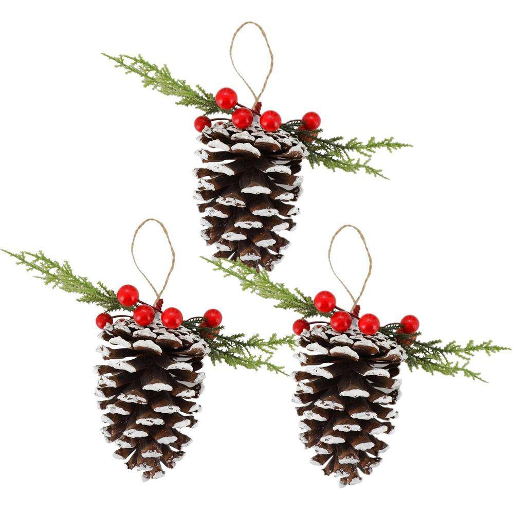 Kit 3 Pinhas Natural Enfeite Nevado Decorado Folhagens e Berries Natal 10cm - Magizi