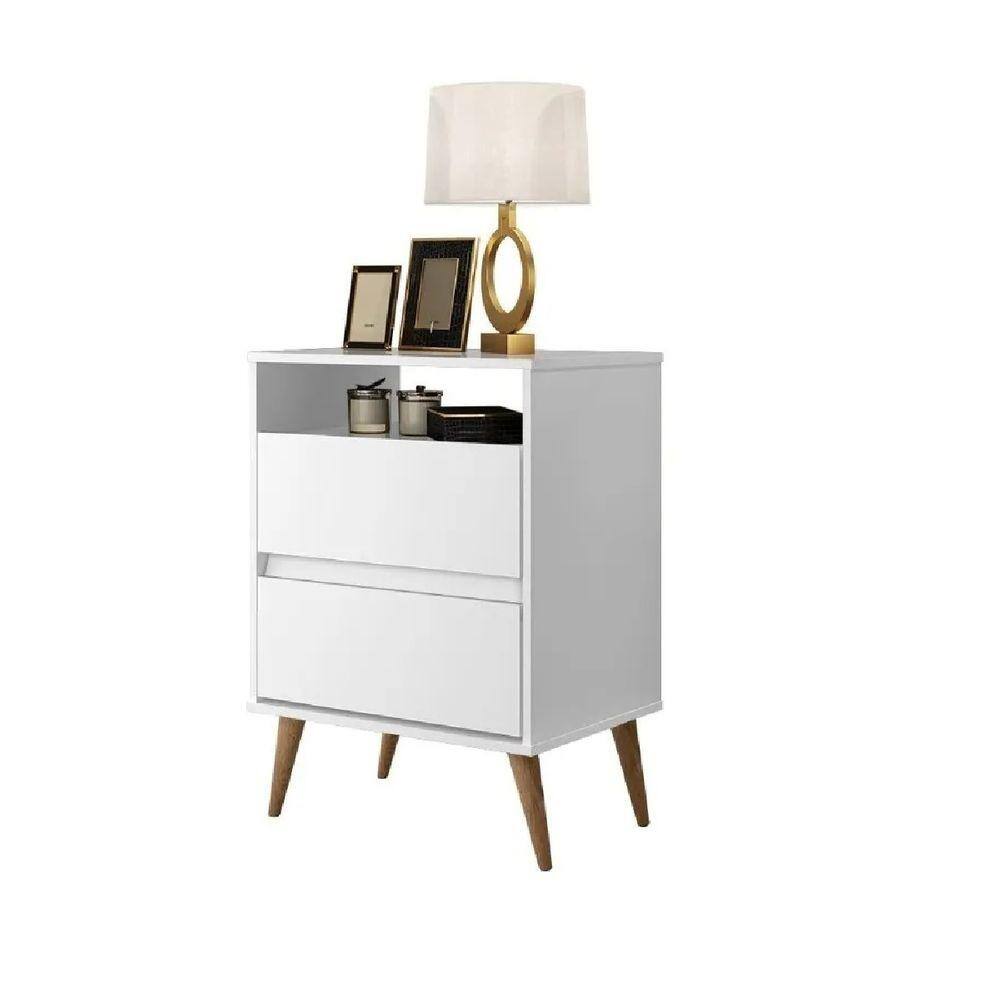 mesa de cabeceira retro branca com 2 gavetas