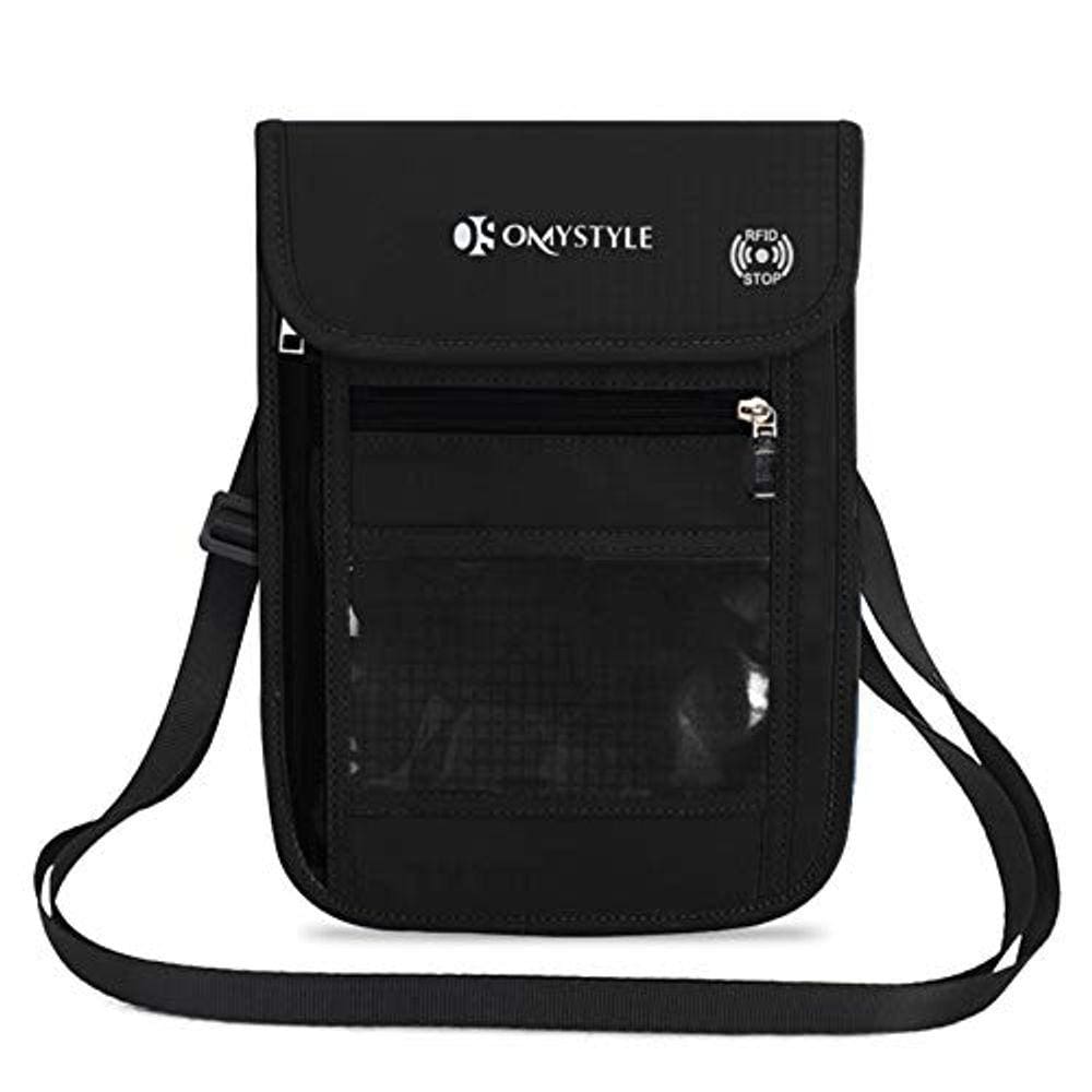 Suporte de Pescoço para Viagem OMYSTYLE, RFID, Alça Ajustável, Bolsa Impermeável, Preto