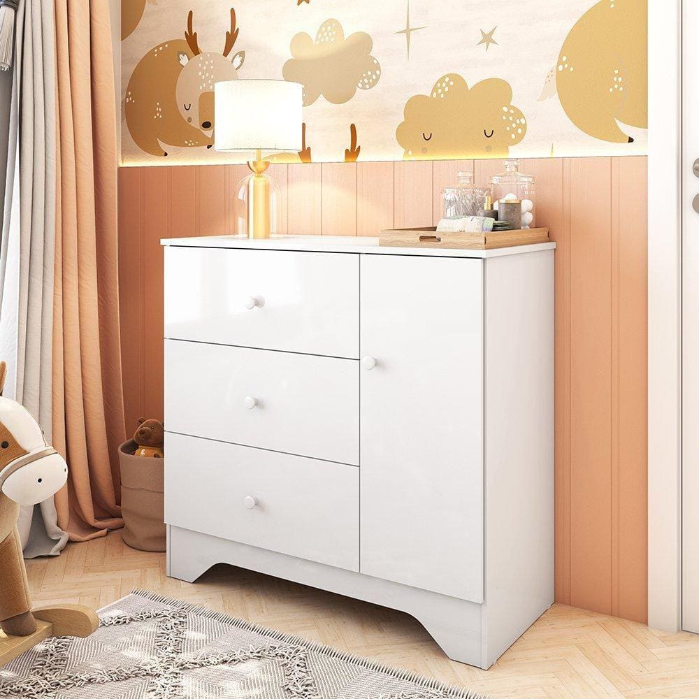 Cômoda Infantil 1 Porta e 3 Gavetas 100% MDF Cocada Branco Brilho