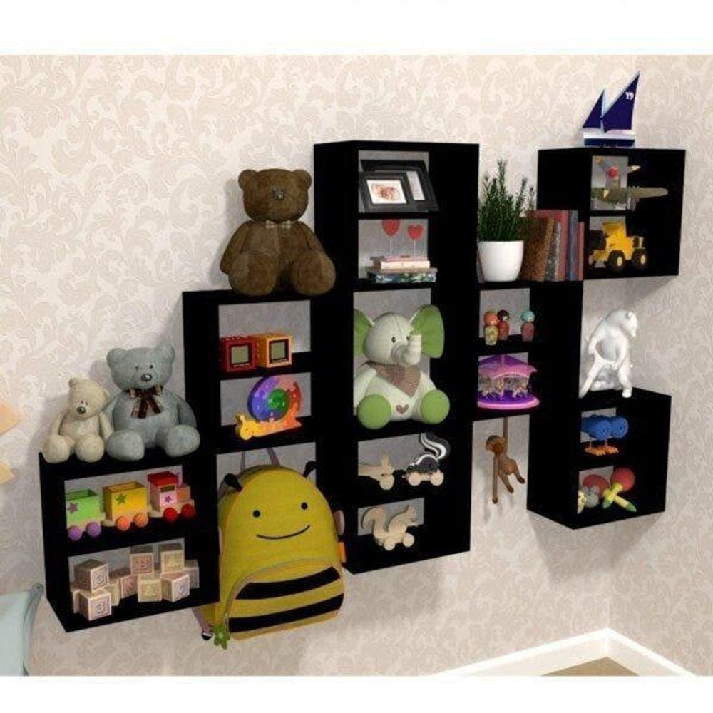 Kit 7 Nichos Cubo com 1 Prateleira Lema Kit Cubos Baby Bramov Móveis Preto