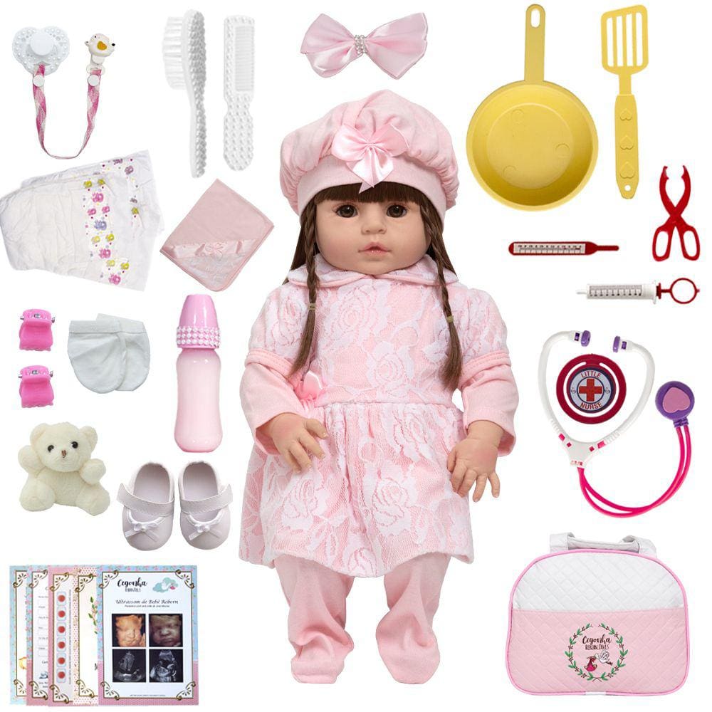 Boneca Bebe Reborn Fofinha Morena Com Bolsa Kit Acessórios em