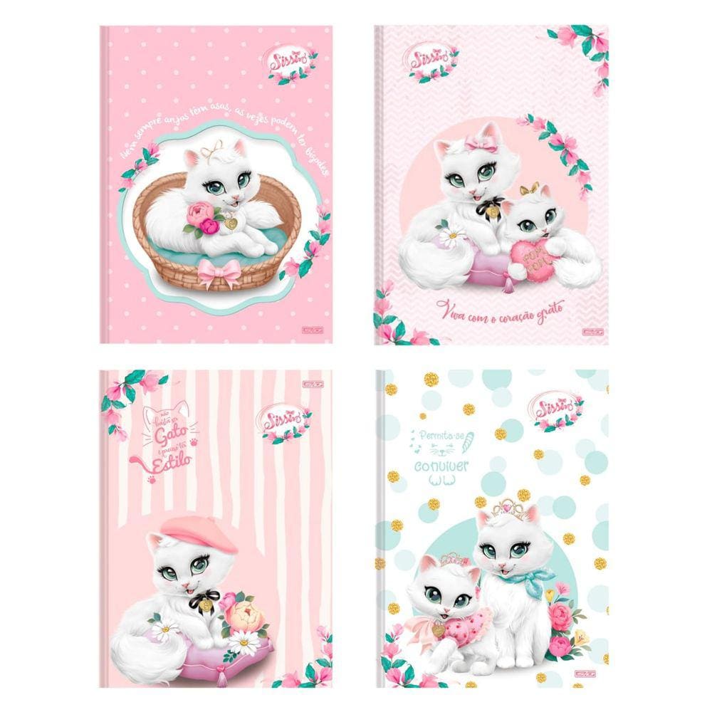 Kit 04 Cadernos Brochurão Grande Pautado Gatinha Sissi Capa Dura 80 Folhas São Domingos