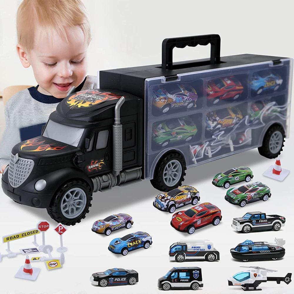 Carrinho de Transporte de Carros p/ Crianças 3-4 Anos, Conj. Veículos Die-cast c/ 20 Carros/Caminhões