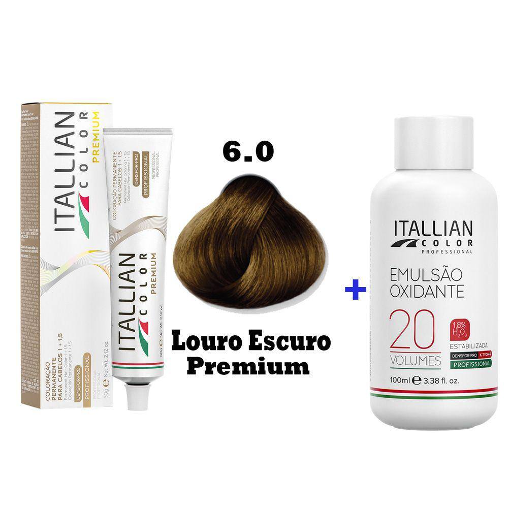 Kit Coloração Itallian Premium 60g Louro Escuro 6.0 + Emulsão Oxi 20vol.x100ml.