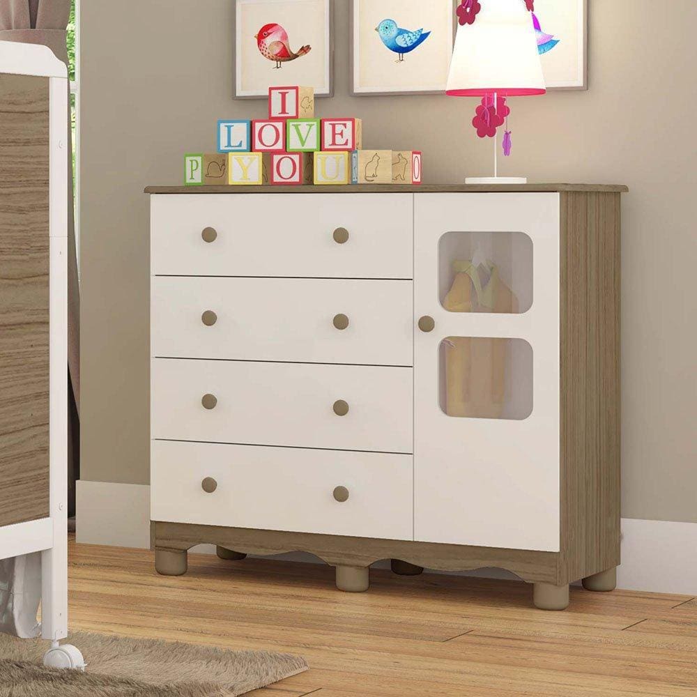Cômoda Infantil 1 Porta com Janela 4 Gavetas 100% MDF Mimo Branco Brilho/Carvalho