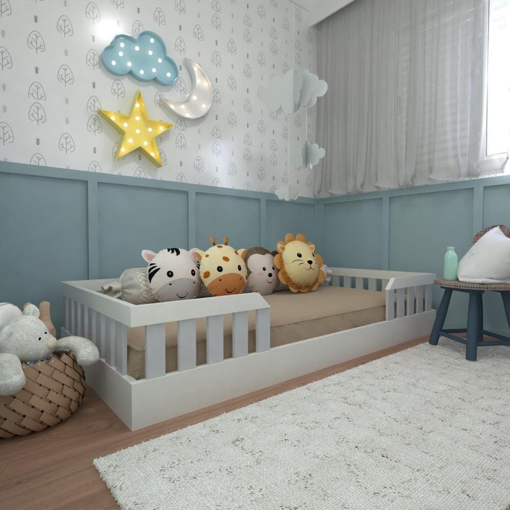 Kit com Cama Solteiro e Armário Baixo Montessoriano Yescasa Branco/Cinza Cristal