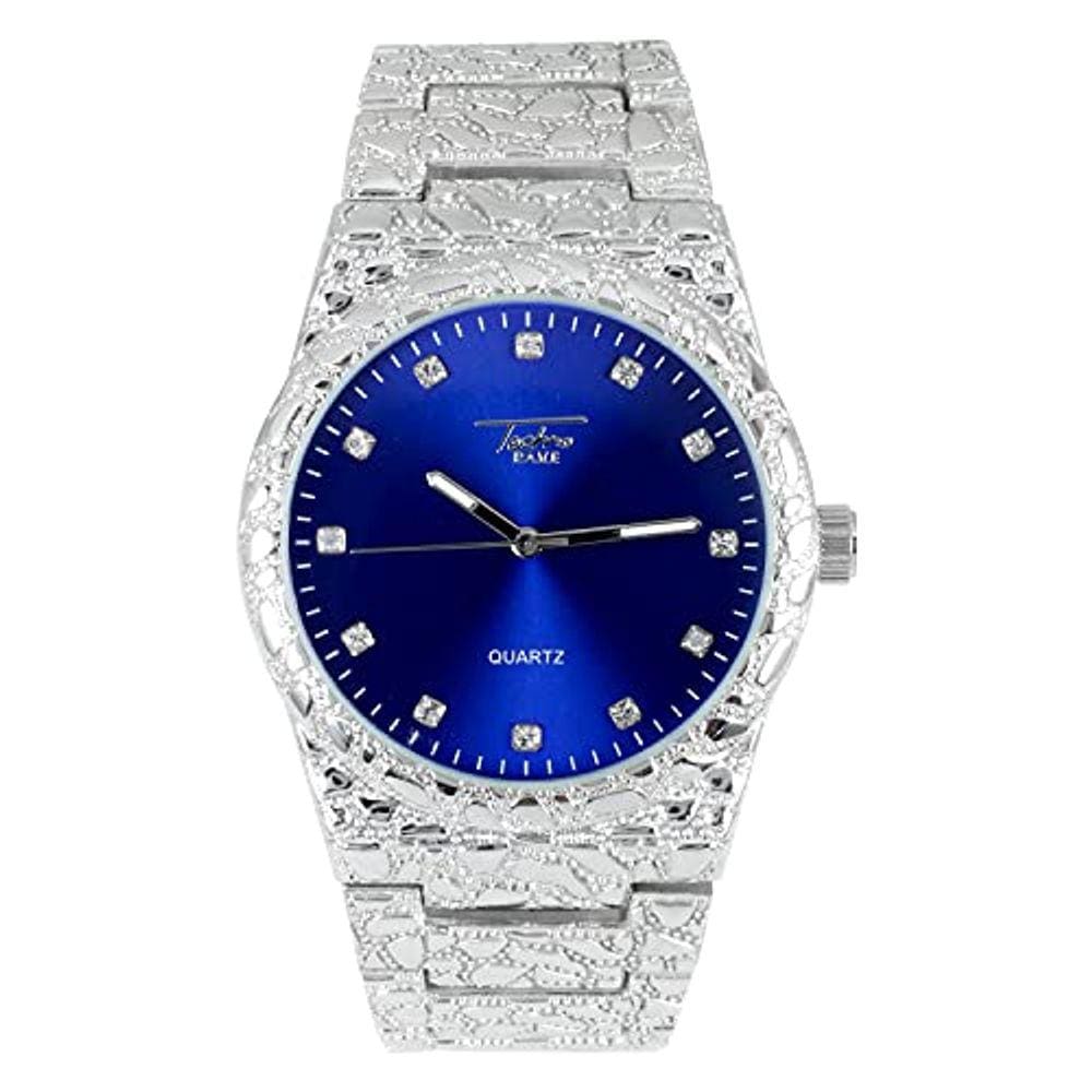 Relógio Masculino Prata - Mostrador Personalizado com Diamantes - Pulseira de Pepitas - Quartzo