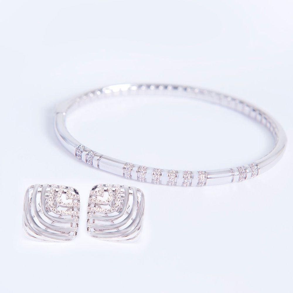 Conjunto de Bracelete e Brincos em Ródio Branco