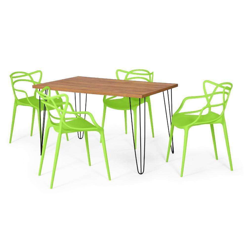 Conjunto Mesa de Jantar Retangular Hairpin Natural 130x80cm com 4 Cadeiras Allegra - Verde